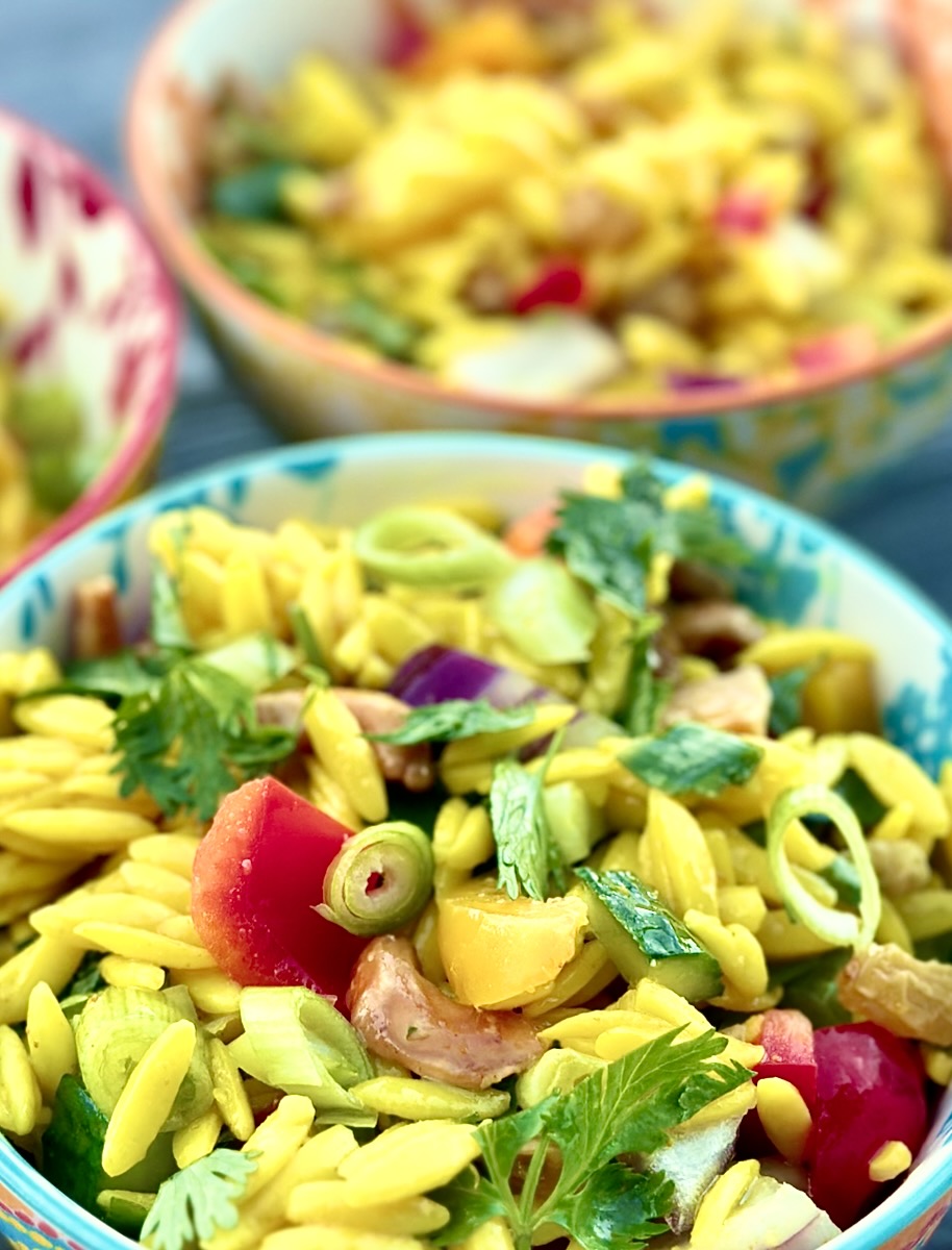 Curried orzo salad with cashews, apricots, and raisins 